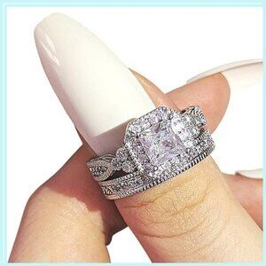 925 Hallmark Princess Cut Halo Engagement Ring & Pave' Wedding SET